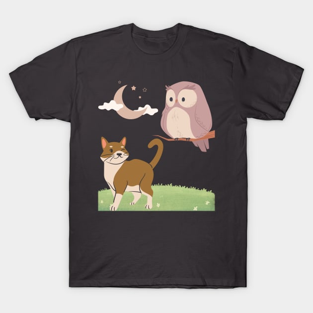 a cat and an owl T-Shirt by Gemini DayDreamer